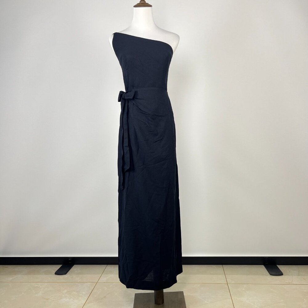 NWT Farm Rio Linen Blend Black One Shoulder Bow Smocked Wrap Maxi Dress Sz L - Picture 2 of 12